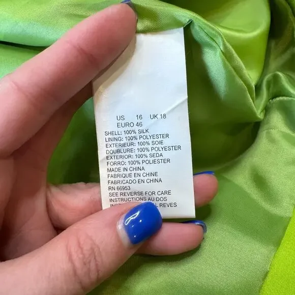 VTG Silks By Joan Leslie Blazer & Blouse Neon Green 100% Silk Womens Sz 16 - Picture 12 of 15